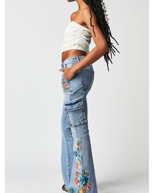 Free People Blue Driftwood Farrah Embroidered Cargo Jeans