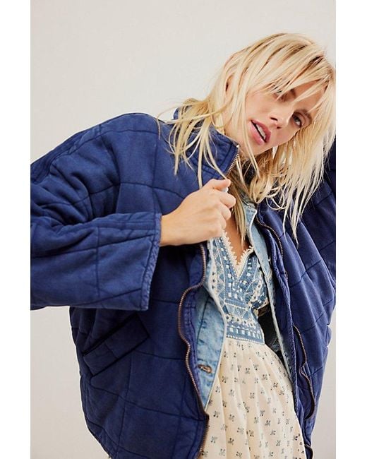 Free People Blue Dolman Quilted Knit Jacket