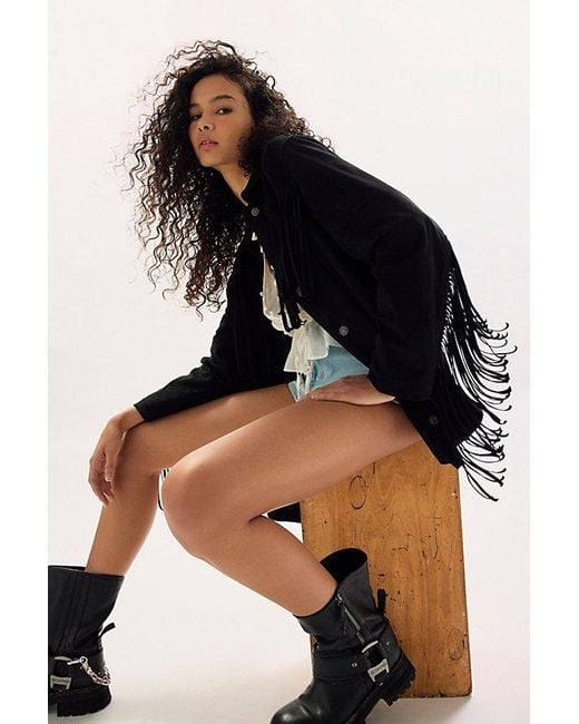Free People Blue Fringe Out Vegan Suede Jacket