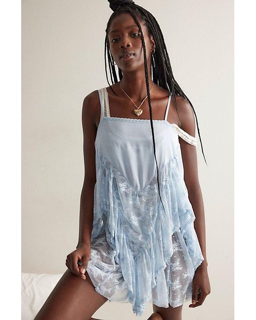 free people blue slip dress Long Live Printed Mesh Slip Dress