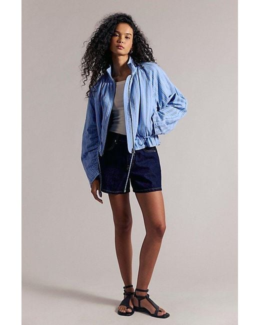 Free People Blue Devon Striped Balloon Funnel-Neck Jacket