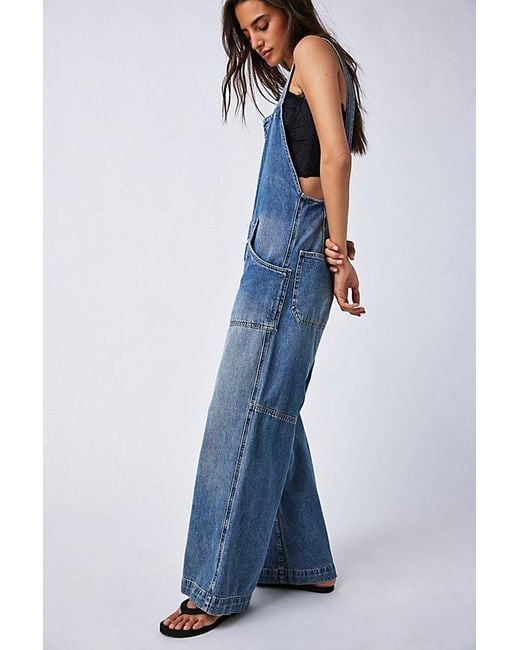 Free People Fields Of Flowers Wide-leg Overalls At Free People In Johnny Blue, Size: Large