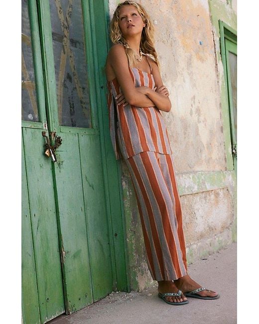 free-est Green Sightseer Linen Striped Pant Set By