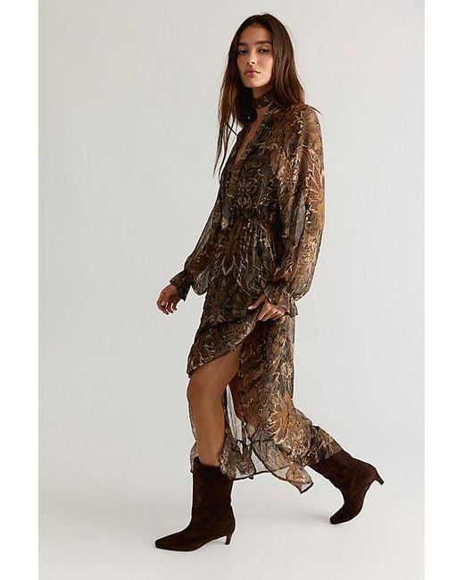 Spell Brown Damask Button Through Midi Dress