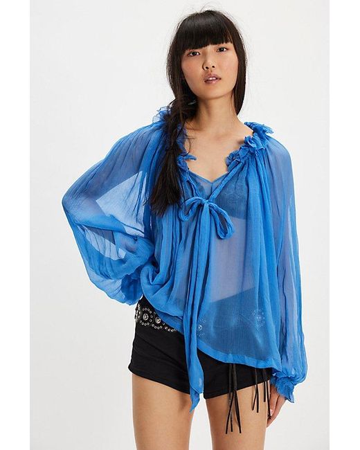 Free People Blue Chiffon Bow Top