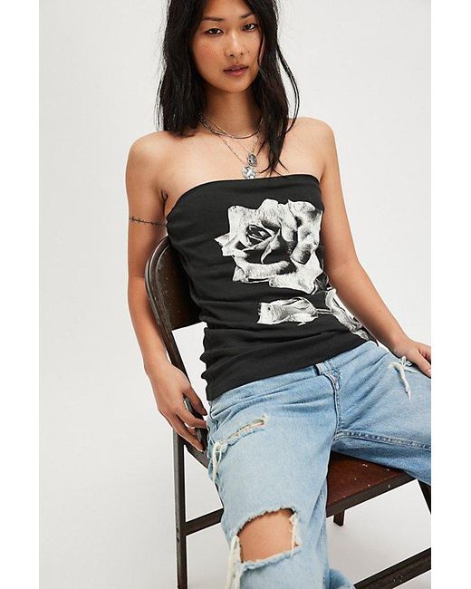 Sunday Market Black Rose Graphic Ribbed Tube Top