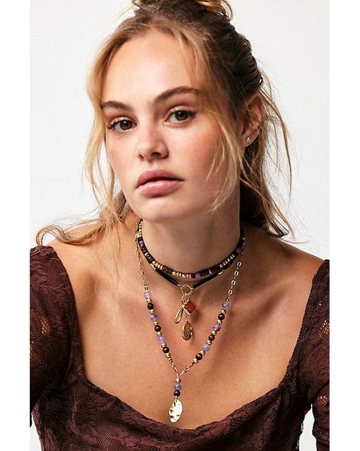 Free People Brown Protagonist Layered Necklace At In Gold/amethyst