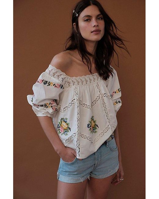 Free People Natural Homebound Embroidered Blouse