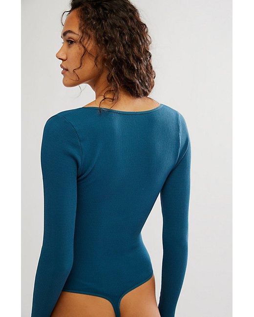 Free People Blue Meg Seamless V-neck Long-sleeve Bodysuit