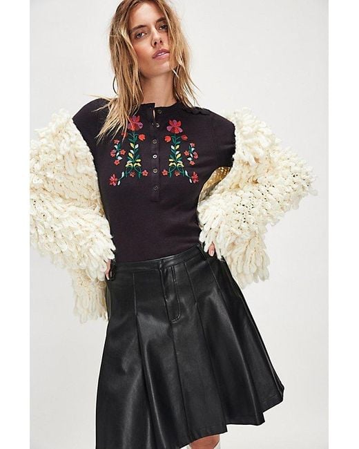 Free People Black Fleur Embroidered Cuff Henley