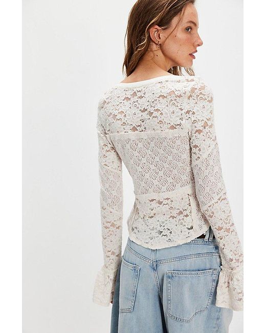 Free People White Sheer Lace Flared Long Sleeve Top