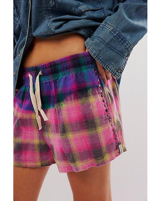 One Teaspoon Blue Flannel Studded Boxer Shorts