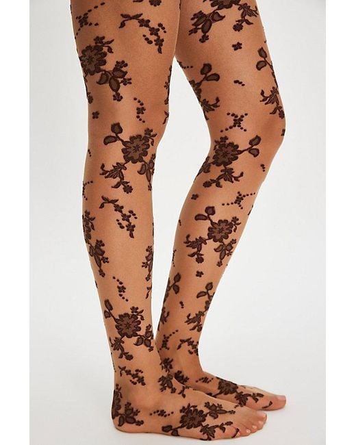 Free People Brown Flocked Floral Tights