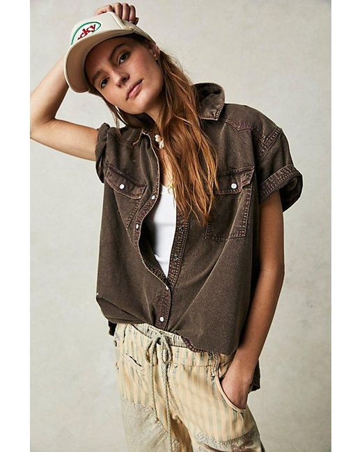 Free People Brown The Short Of It Denim Top At Free People In Chocolate, Size: Medium