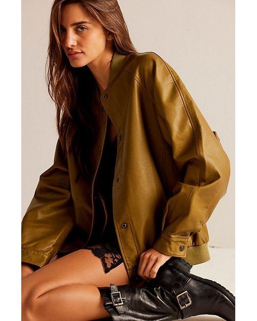 Free People Brown We The Free Wild Rose Vegan Leather Bomber Jacket At In Lizard, Size: Xs