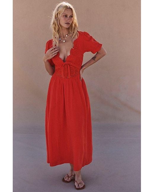 free-est Red All You Need Is Lace Midi Dress By