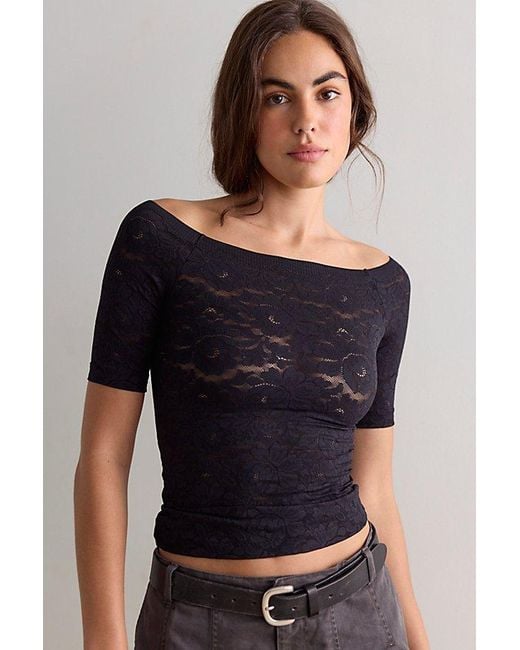 Intimately By Free People Black Smooth Talking Lace Off-The-Shoulder Top By