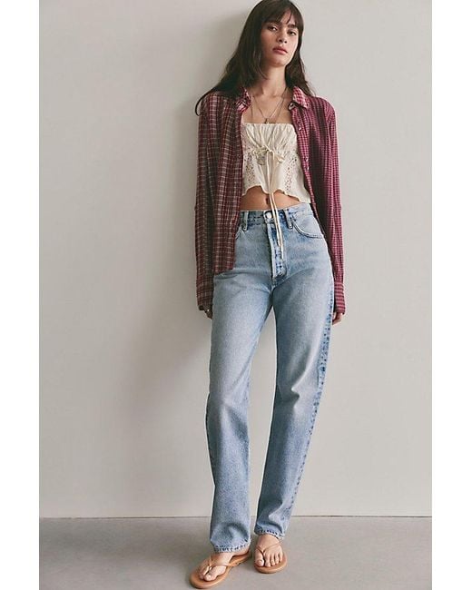 Free People Red Benny Slim Plaid Button-Down