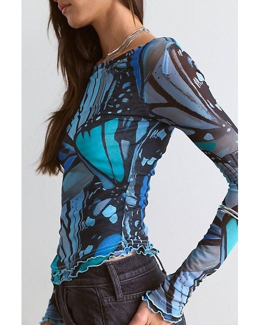 Free People Blue Lilly Printed Long Sleeve Top