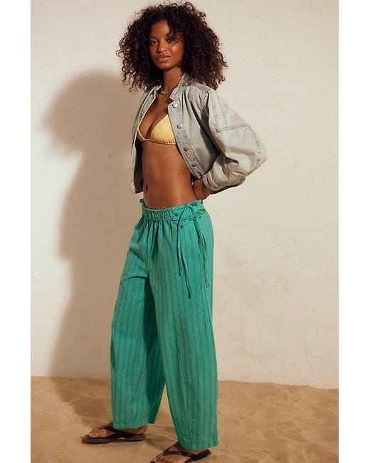 free-est Green Sun Dazed Cotton-Linen Striped Pants By