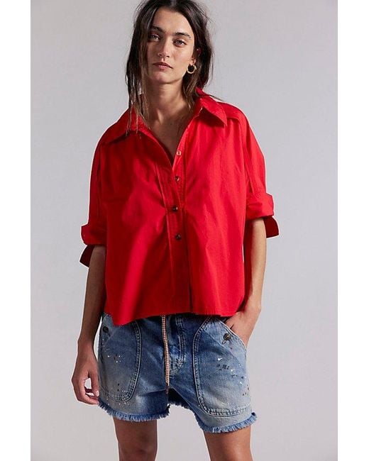 Free People Red Seaside Cotton Button Down