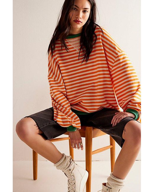 Free People Orange Classic Striped Oversized Crewneck