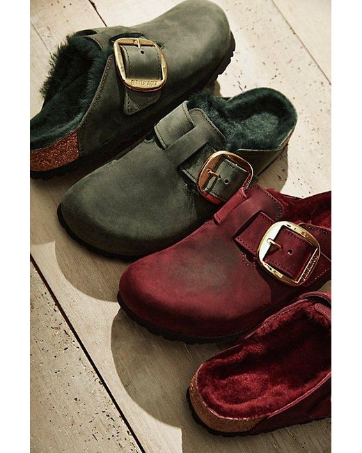 Birkenstock Red Boston Big Buckle Shearling Clogs