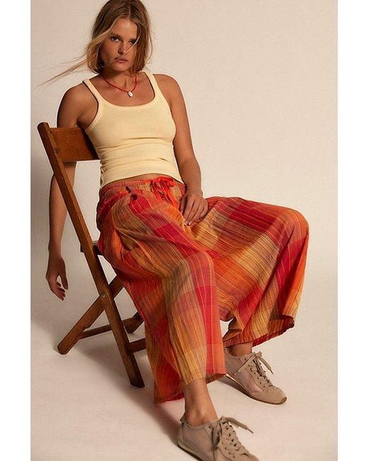 Free People Orange Telluride Wide-Leg Crop Pull-On Madras Pants