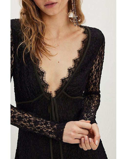 petra mini dress black Free People Black Petra Mini Dress Lace Sheer Cocktail Deep V-Neck Long Sleeve S