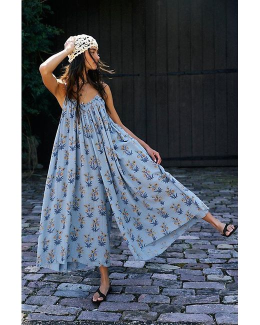 Free People Blue Raffia Blooms Printed Jumpsuit