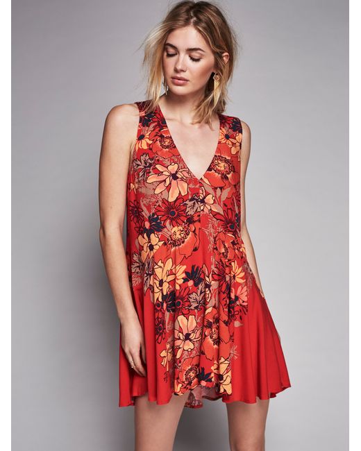 Free People Red Back Yard Party Printed Tunic