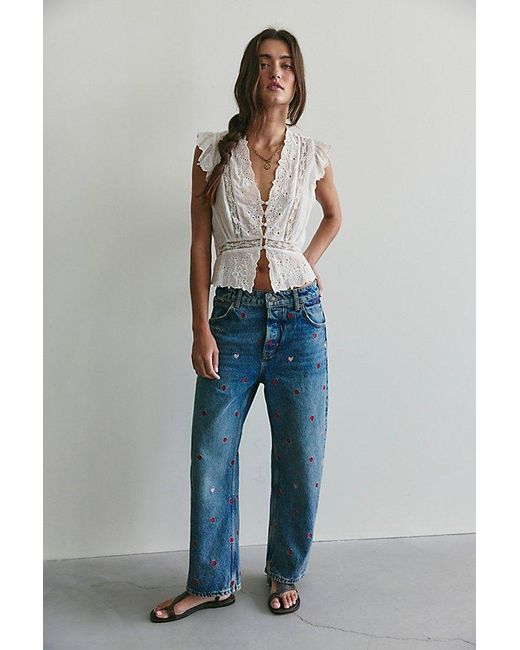 Free People Blue Deep Trance Embroidered Dropped Boyfriend Jeans