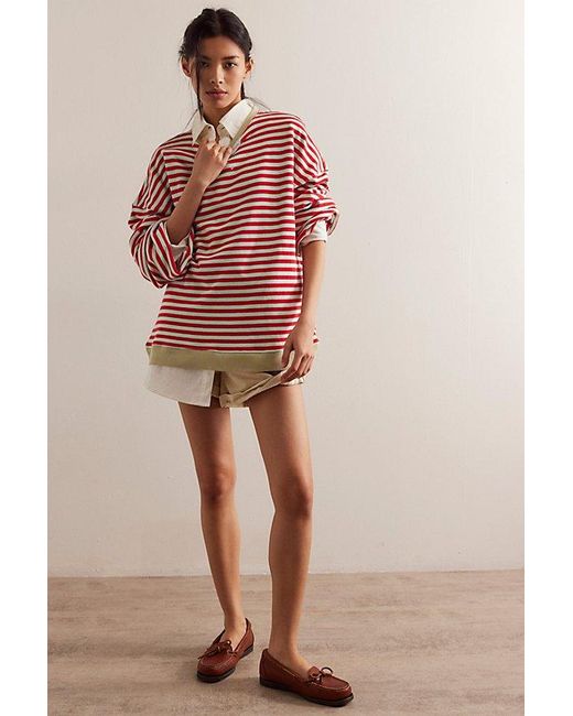 Free People Pink Classic Striped Oversized Crewneck