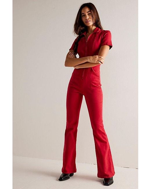 Free People Red Jayde Flare Jumpsuit At Free People In Formula One, Size: Large