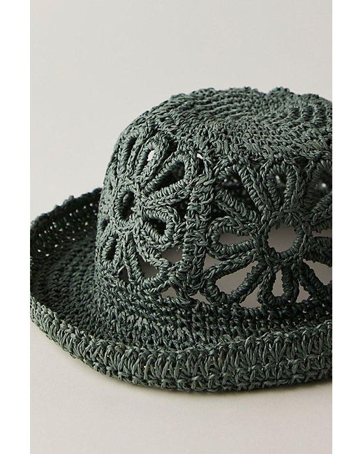 Free People Blue Cut-Out Daisy Crochet Straw Bucket Hat