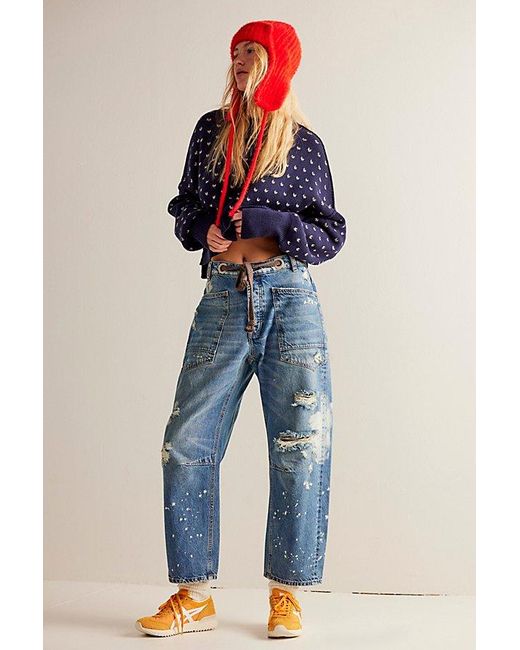 Free People Blue Moxie Pull-on Barrel Jeans At Free People In Calypso, Size: 29