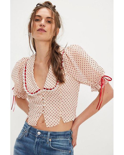 For Love & Lemons Natural Dot Puff Sleeve Top