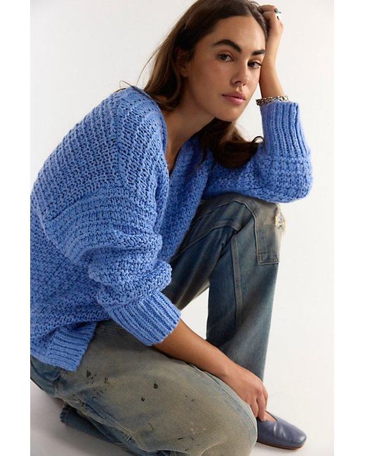 Free People Blue Opal Textured V-Neck Pullover