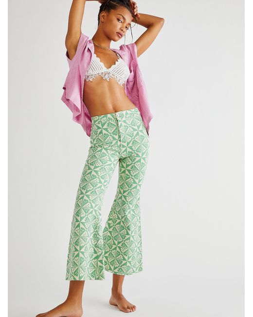 Free People Green Youthquake Printed Crop Flare Jeans