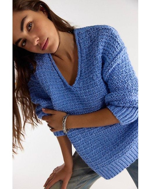Free People Blue Opal Textured V-Neck Pullover