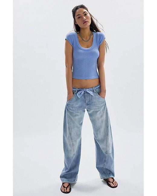 Free People Blue Highland Low-Rise Twisted Bowed Jeans