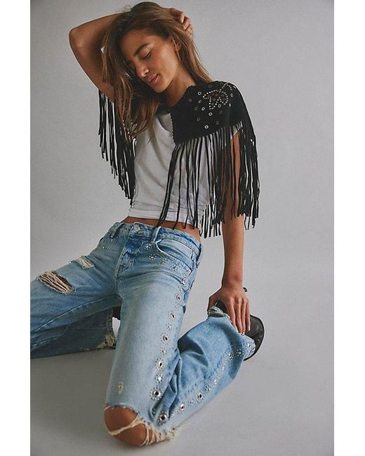 Free People Brown Lights Out Embellished Suede Cape