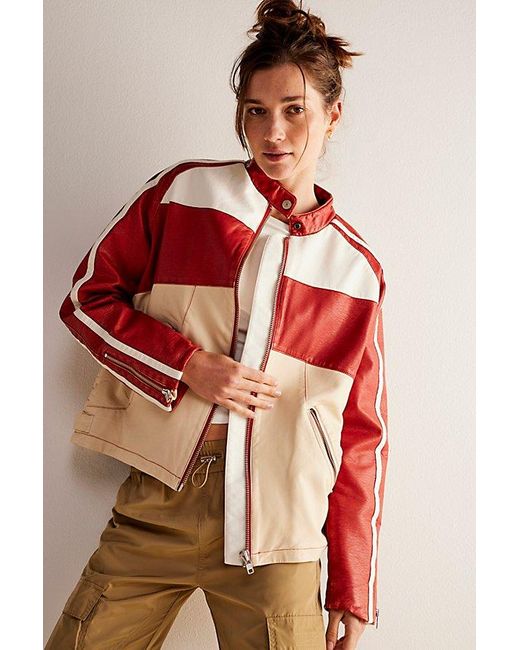 Free People Ryder Sport Vegan Moto Jacket At Free People In Red Combo, Size: Large