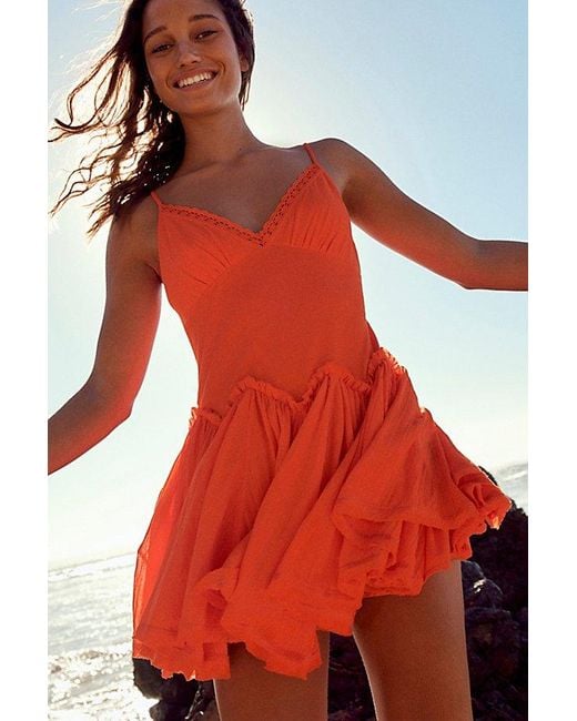free-est Red Twirly Girly Solid Cotton Mini Dress By