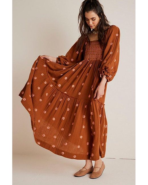 Free People Brown Dahlia Embroidered Maxi Dress At In Carmel Cafe Combo, Size: Xs