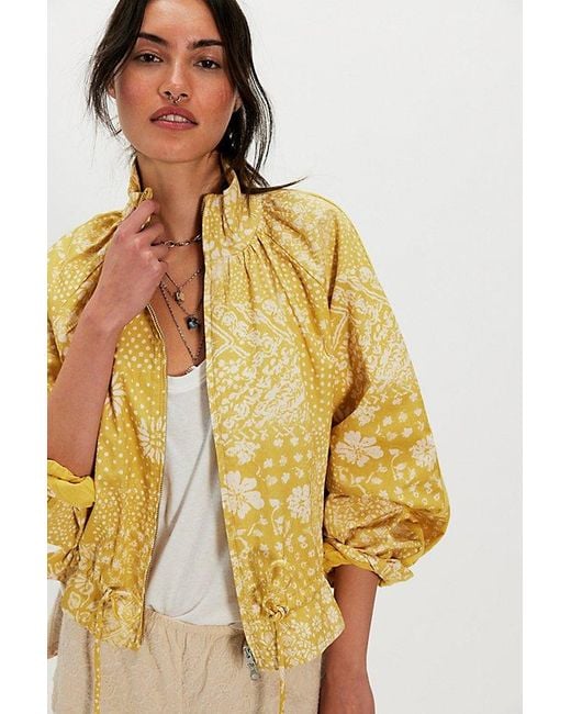 Free People Yellow Devon Printed Balloon Funnel-Neck Jacket