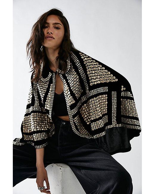 Free People Black Rock Star Embellished Velvet Cape Top