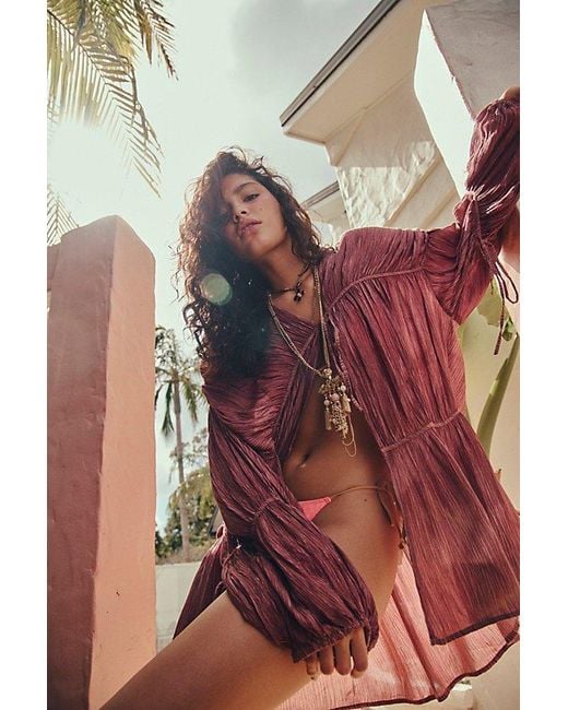 Free People Red Juliet Sheer Tie-Front Duster Top