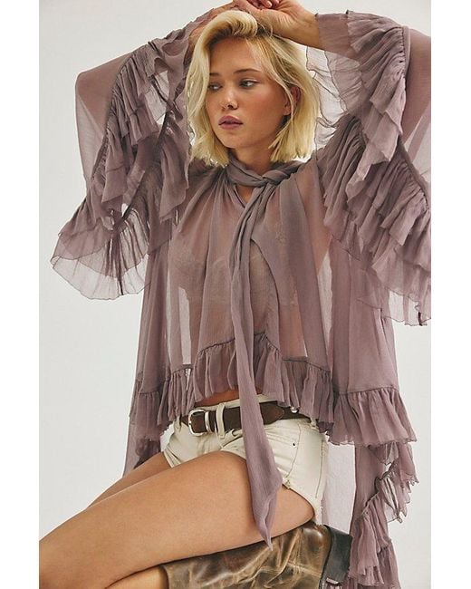 Free People Brown Full Sleeve Frill Top