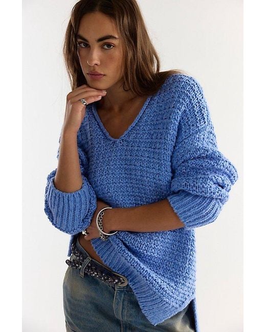 Free People Blue Opal Textured V-Neck Pullover